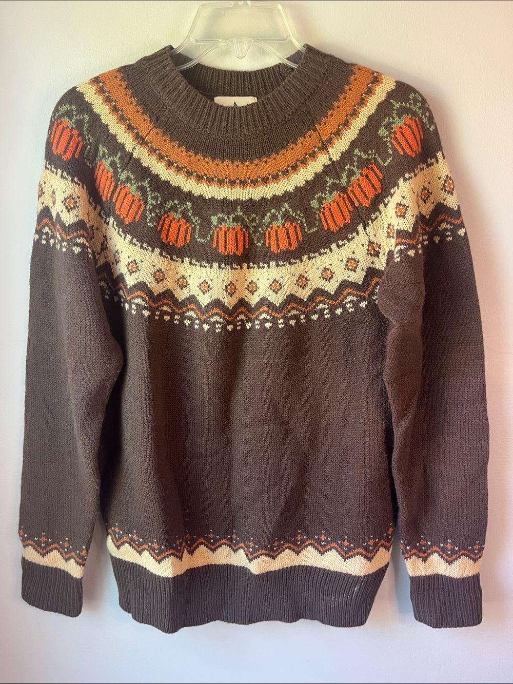 Kiel James Patrick Brown Crewneck Sweater with Orange Pumpkin Fair Isle